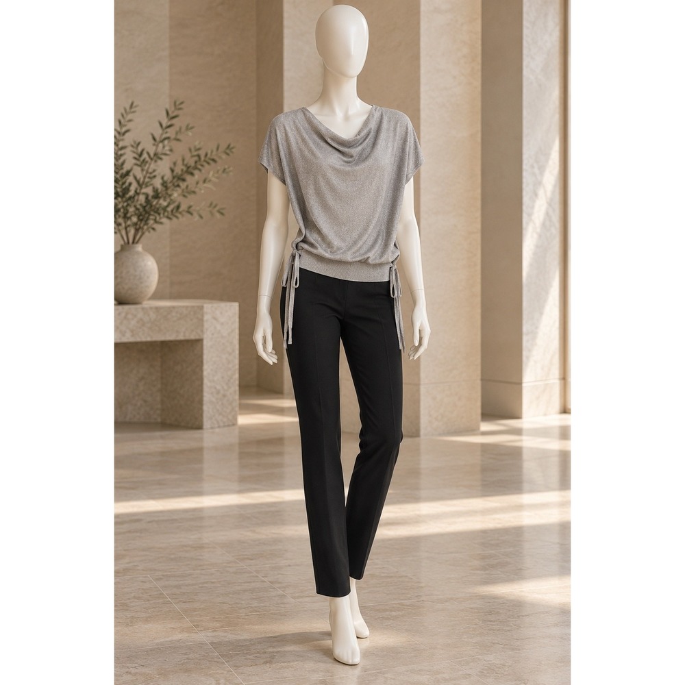 Stellaluna Women Knit Top Cowl Neck Metallic Silver Tie Waist Size Small